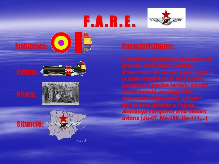 F. A. R. E. Emblemes: Avions: Pilots: Situació: Característiques: L’aviació republicana disposava al principi