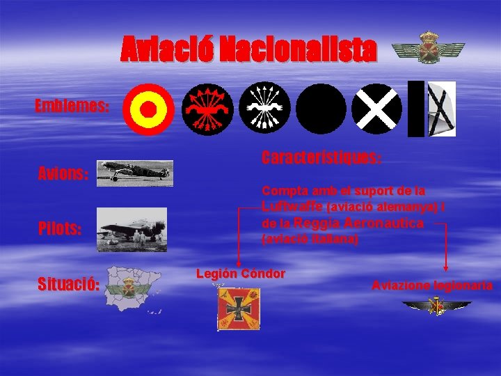 Aviació Nacionalista Emblemes: Avions: Pilots: Situació: Característiques: Compta amb el suport de la Luftwaffe