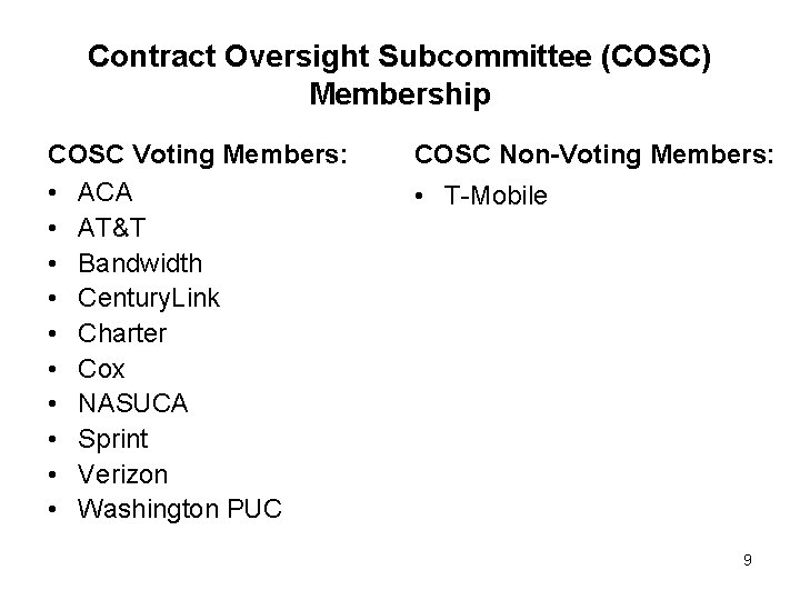 Contract Oversight Subcommittee (COSC) Membership COSC Voting Members: • ACA • AT&T • Bandwidth