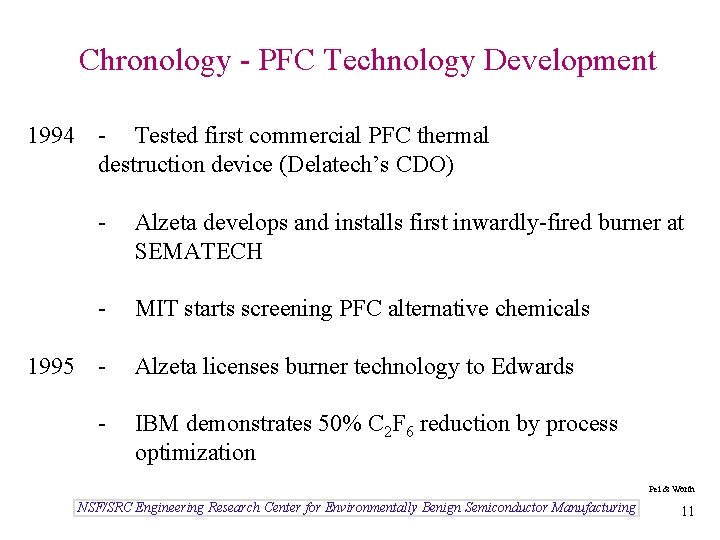 Chronology - PFC Technology Development 1994 - Tested first commercial PFC thermal destruction device