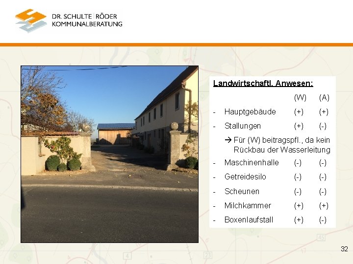 Landwirtschaftl. Anwesen: (W) (A) - Hauptgebäude (+) - Stallungen (+) (-) Für (W) beitragspfl.