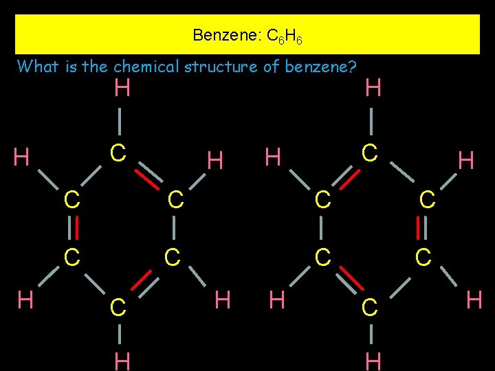 Benzene: C 6 H 6 What is the chemical structure of benzene? H C
