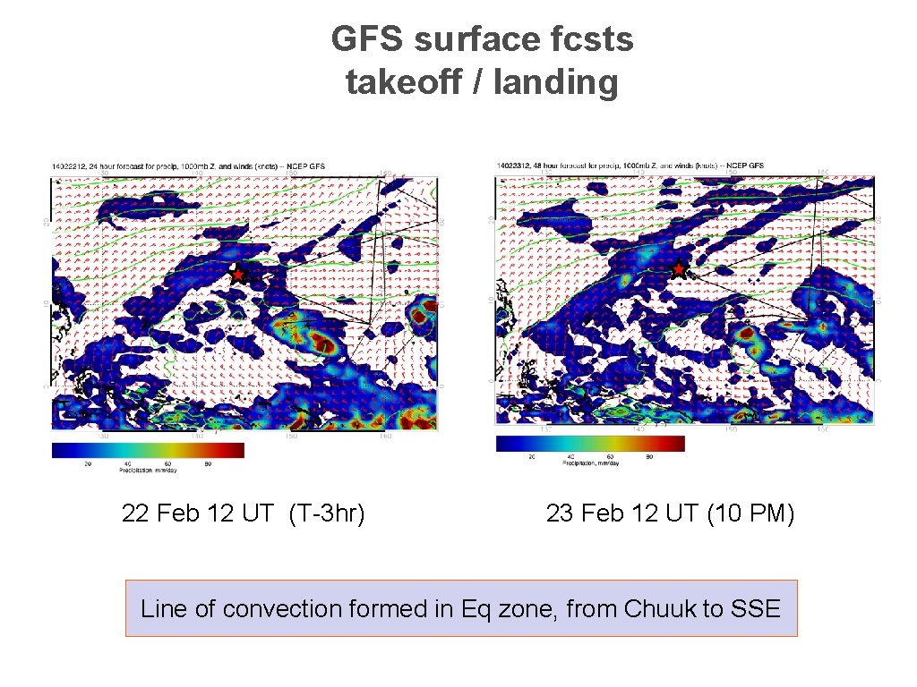 GFS surface fcsts takeoff / landing 22 Feb 12 UT (T-3 hr) 23 Feb