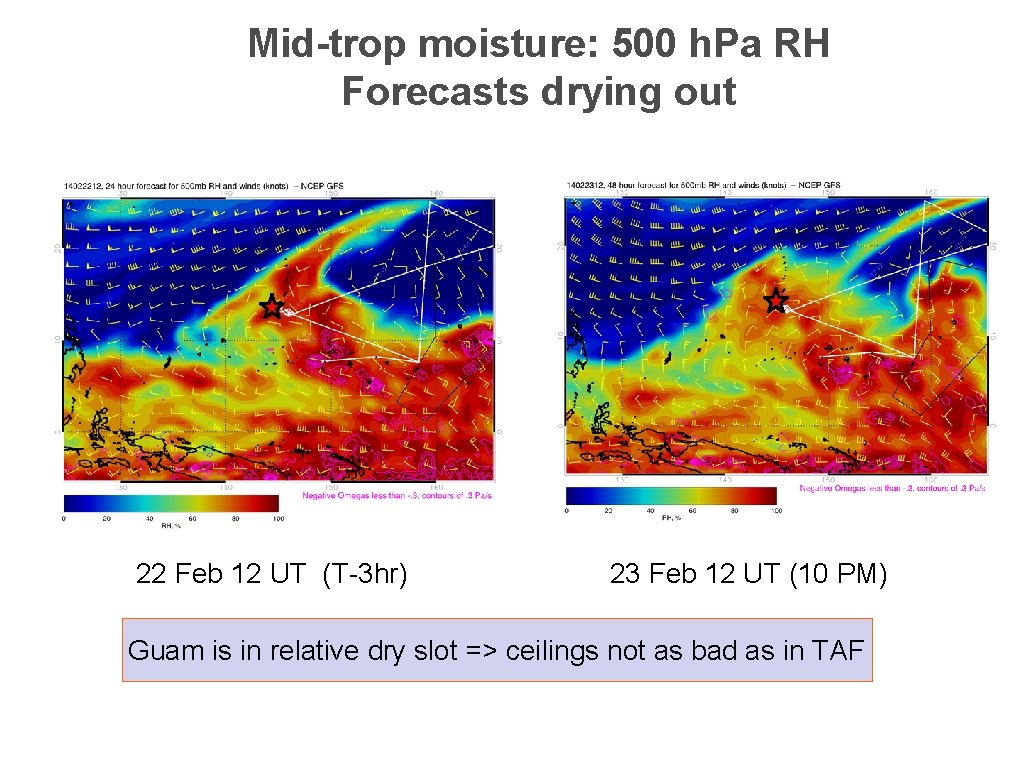 Mid-trop moisture: 500 h. Pa RH Forecasts drying out 22 Feb 12 UT (T-3