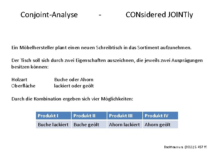 Conjoint-Analyse - CONsidered JOINTly Ein Möbelhersteller plant einen neuen Schreibtisch in das Sortiment aufzunehmen.