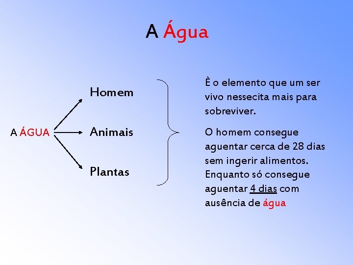 A Água Homem A ÁGUA Animais Plantas È o elemento que um ser vivo