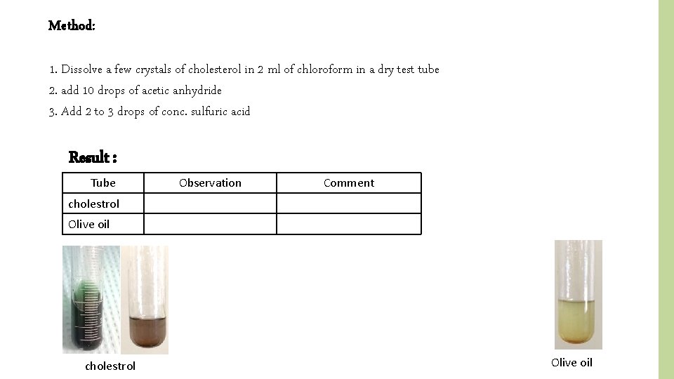 Method: 1. Dissolve a few crystals of cholesterol in 2 ml of chloroform in