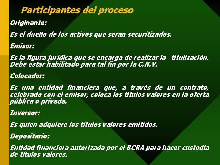 Participantes del proceso Originante: Es el dueño de los activos que seran securitizados. Emisor: