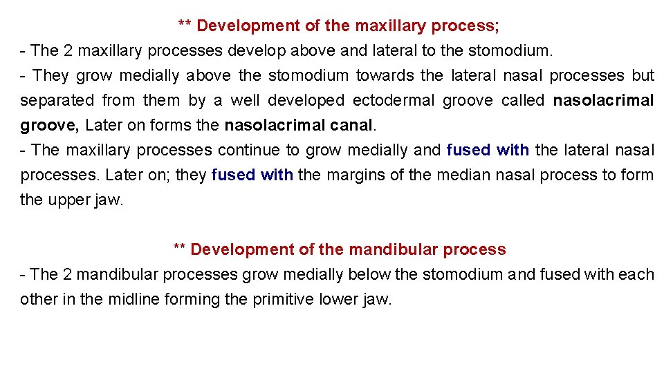 ** Development of the maxillary process; - The 2 maxillary processes develop above and ** Development of the maxillary process; - The 2 maxillary processes develop above and