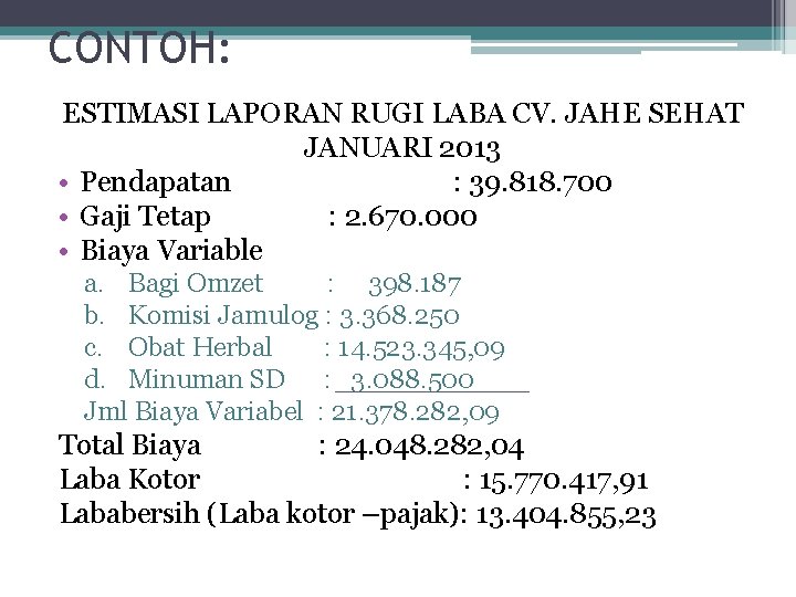 CONTOH: ESTIMASI LAPORAN RUGI LABA CV. JAHE SEHAT JANUARI 2013 • Pendapatan : 39.