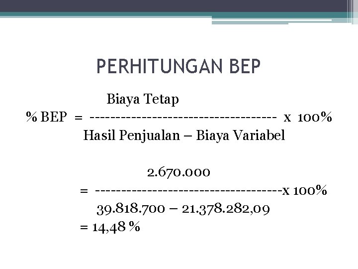 PERHITUNGAN BEP Biaya Tetap % BEP = ------------------ x 100% Hasil Penjualan – Biaya