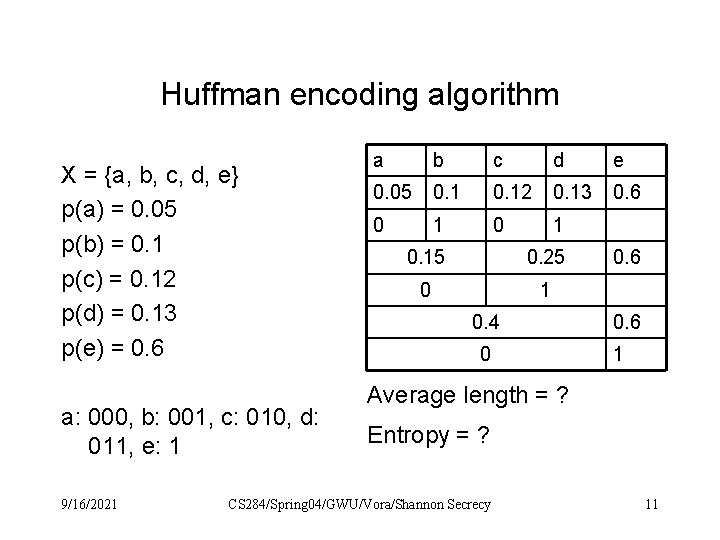Huffman encoding algorithm X = {a, b, c, d, e} p(a) = 0. 05