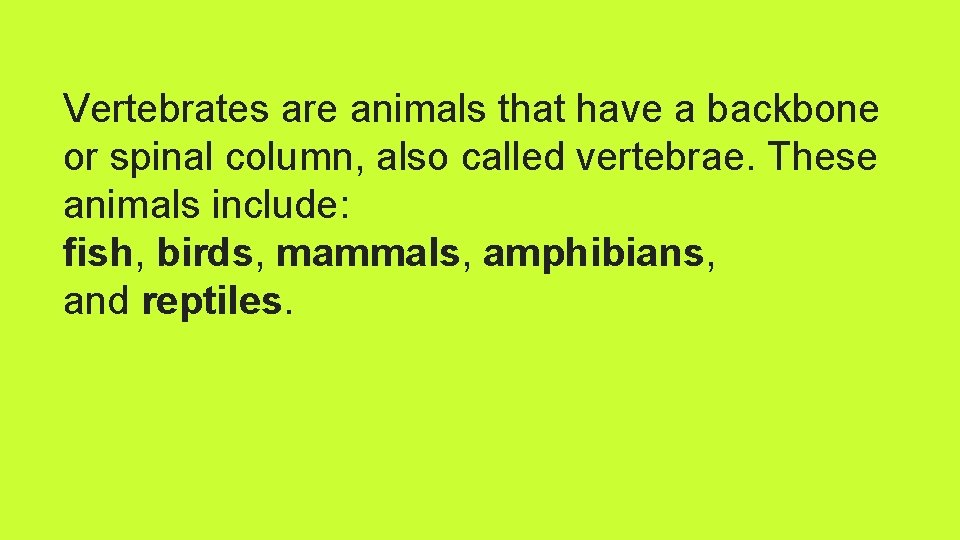 Vertebrates are animals that have a backbone or spinal column, also called vertebrae. These