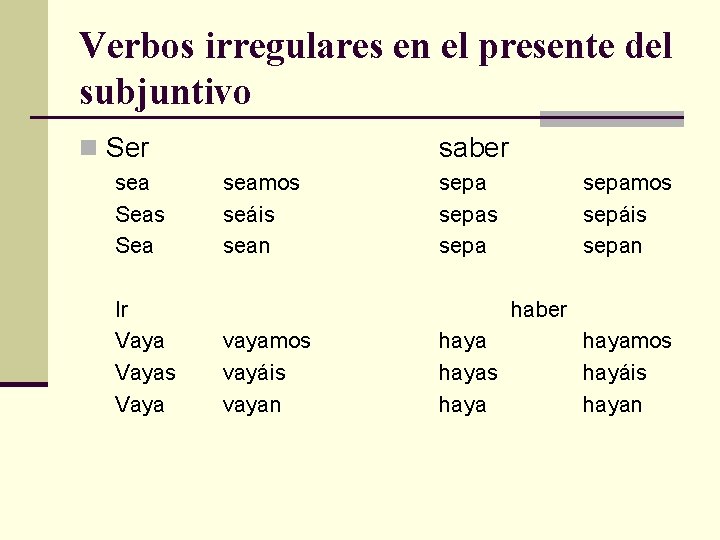 Verbos irregulares en el presente del subjuntivo n Ser sea Seas Sea Ir Vayas