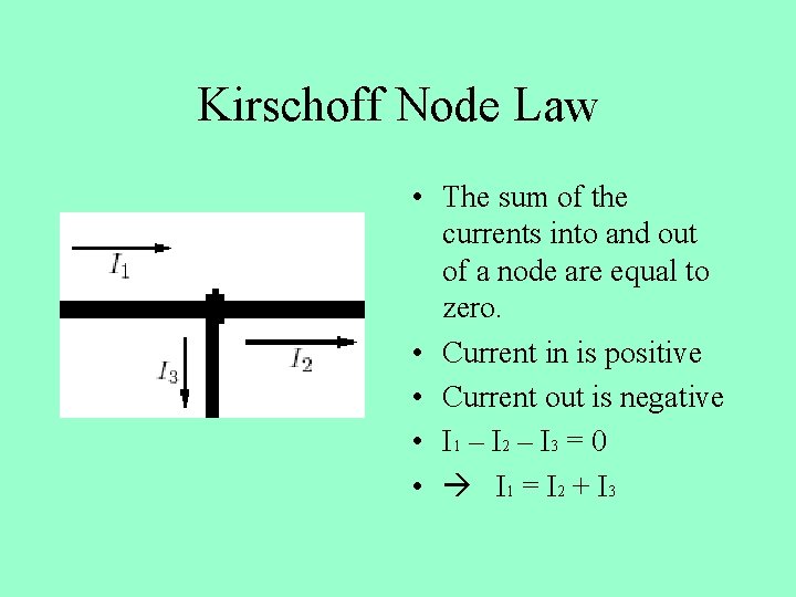 Kirschoff Node Law • The sum of the currents into and out of a