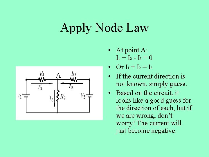 Apply Node Law A • At point A: I 1 + I 2 -
