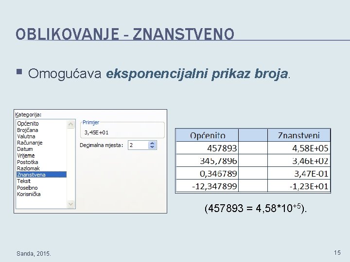 OBLIKOVANJE - ZNANSTVENO § Omogućava eksponencijalni prikaz broja. (457893 = 4, 58*10+5). Sanda, 2015.