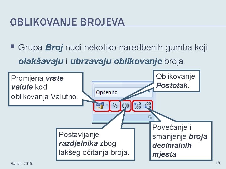 OBLIKOVANJE BROJEVA § Grupa Broj nudi nekoliko naredbenih gumba koji olakšavaju i ubrzavaju oblikovanje