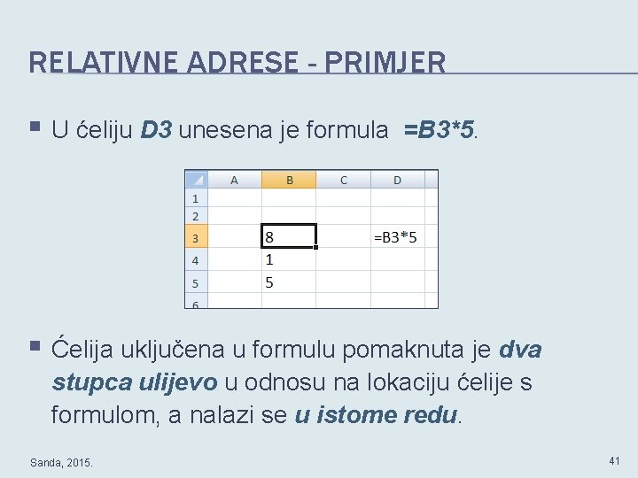 RELATIVNE ADRESE - PRIMJER § U ćeliju D 3 unesena je formula =B 3*5.