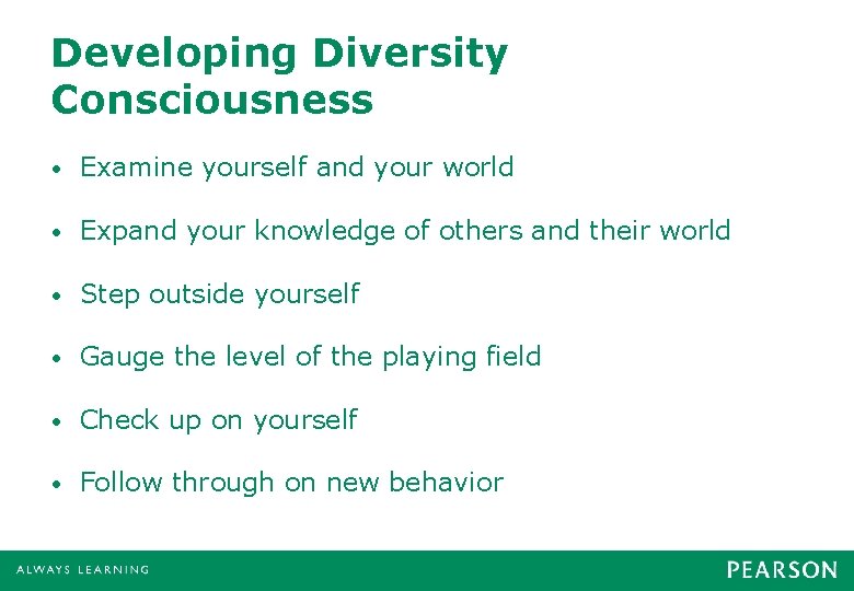 Developing Diversity Consciousness • Examine yourself and your world • Expand your knowledge of Developing Diversity Consciousness • Examine yourself and your world • Expand your knowledge of
