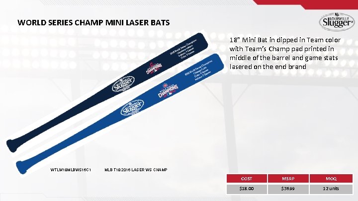 WORLD SERIES CHAMP MINI LASER BATS 18” Mini Bat in dipped in Team color