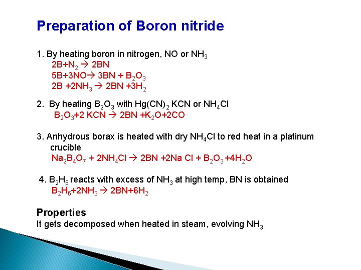 Preparation of Boron nitride 1. By heating boron in nitrogen, NO or NH 3 Preparation of Boron nitride 1. By heating boron in nitrogen, NO or NH 3