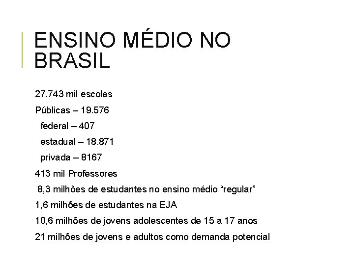 ENSINO MÉDIO NO BRASIL 27. 743 mil escolas Públicas – 19. 576 federal –