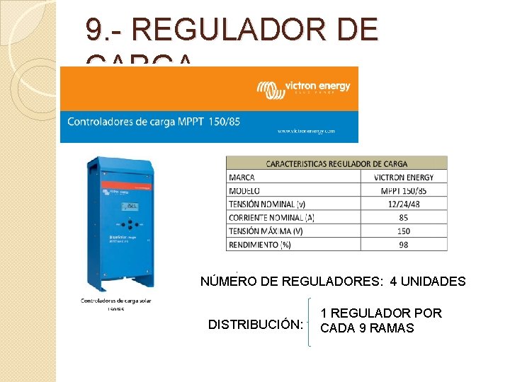 9. - REGULADOR DE CARGA NÚMERO DE REGULADORES: 4 UNIDADES DISTRIBUCIÓN: 1 REGULADOR POR