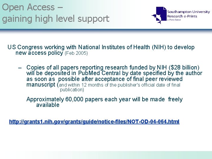 Open Access – gaining high level support US Congress working with National Institutes of