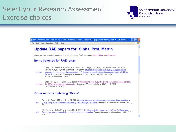 Select your Research Assessment Exercise choices 