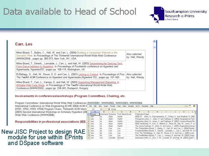 Data available to Head of School New JISC Project to design RAE module for