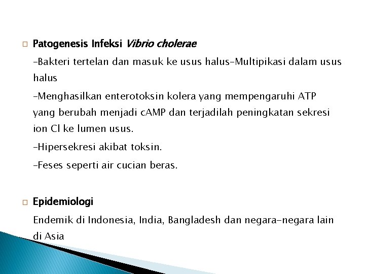 � Patogenesis Infeksi Vibrio cholerae –Bakteri tertelan dan masuk ke usus halus–Multipikasi dalam usus