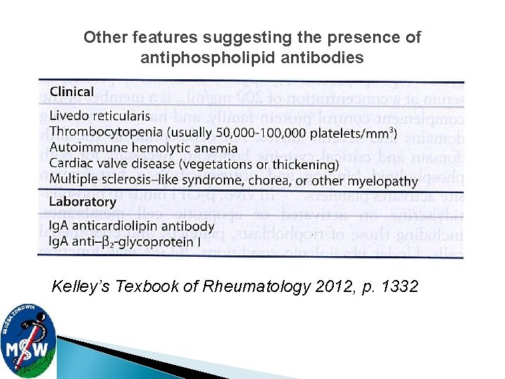 Other features suggesting the presence of antiphospholipid antibodies Kelley’s Texbook of Rheumatology 2012, p.