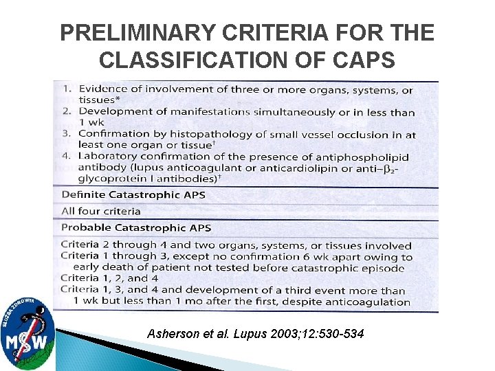 PRELIMINARY CRITERIA FOR THE CLASSIFICATION OF CAPS Asherson et al. Lupus 2003; 12: 530