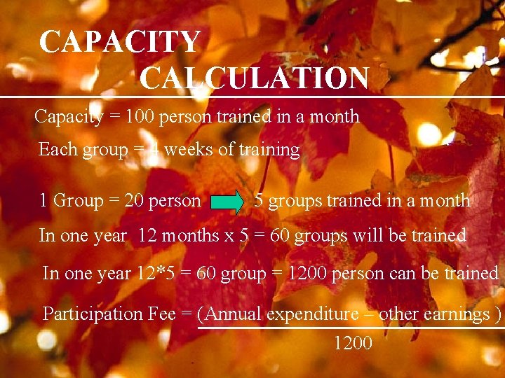 CAPACITY CALCULATION Capacity = 100 person trained in a month Each group = 4