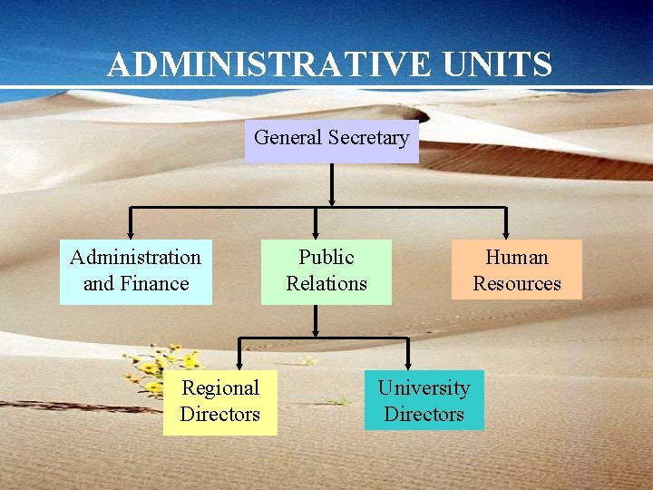 ADMINISTRATIVE UNITS General Secretary Administration and Finance Regional Directors Public Relations Human Resources University