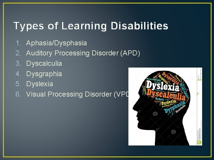 Types of Learning Disabilities 1. 2. 3. 4. 5. 6. Aphasia/Dysphasia Auditory Processing Disorder
