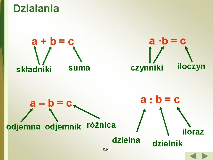 Działania a ·b = c a+b=c składniki suma czynniki iloczyn a b=c a–b=c odjemna