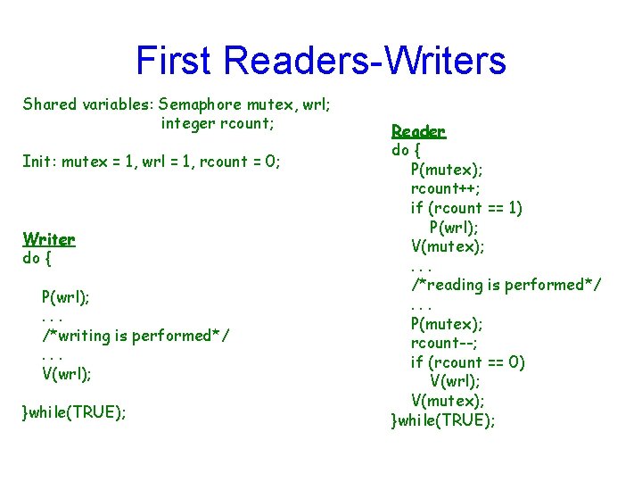 First Readers-Writers Shared variables: Semaphore mutex, wrl; integer rcount; Init: mutex = 1, wrl