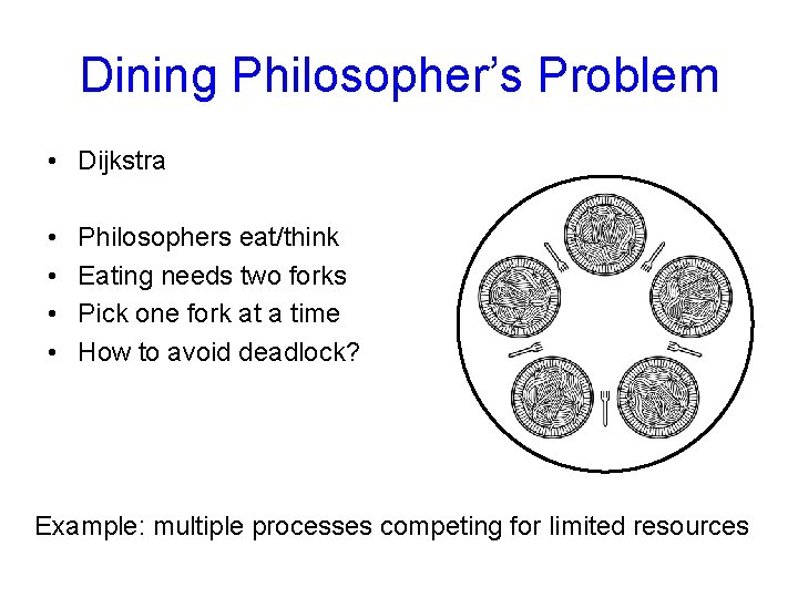 Dining Philosopher’s Problem • Dijkstra • • Philosophers eat/think Eating needs two forks Pick