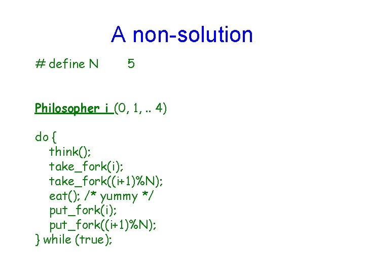 A non-solution # define N 5 Philosopher i (0, 1, . . 4) do