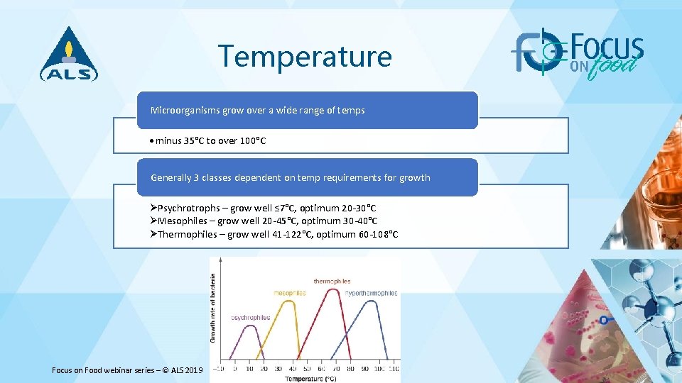 Temperature Microorganisms grow over a wide range of temps • minus 35°C to over