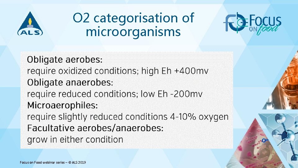 O 2 categorisation of microorganisms Focus on Food webinar series – © ALS 2019