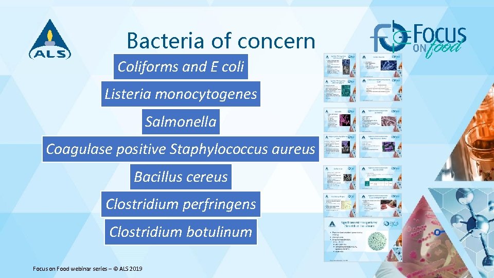 Bacteria of concern Coliforms and E coli Listeria monocytogenes Salmonella Coagulase positive Staphylococcus aureus