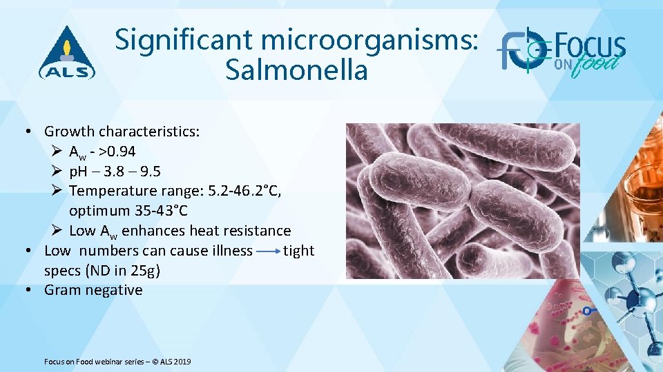 Significant microorganisms: Salmonella • Growth characteristics: Ø Aw - >0. 94 Ø p. H