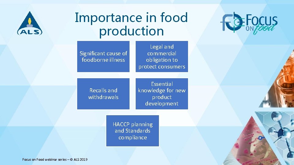 Importance in food production Significant cause of foodborne illness Legal and commercial obligation to