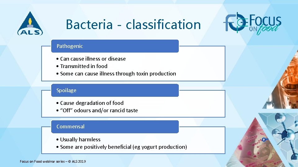 Bacteria - classification Pathogenic • Can cause illness or disease • Transmitted in food