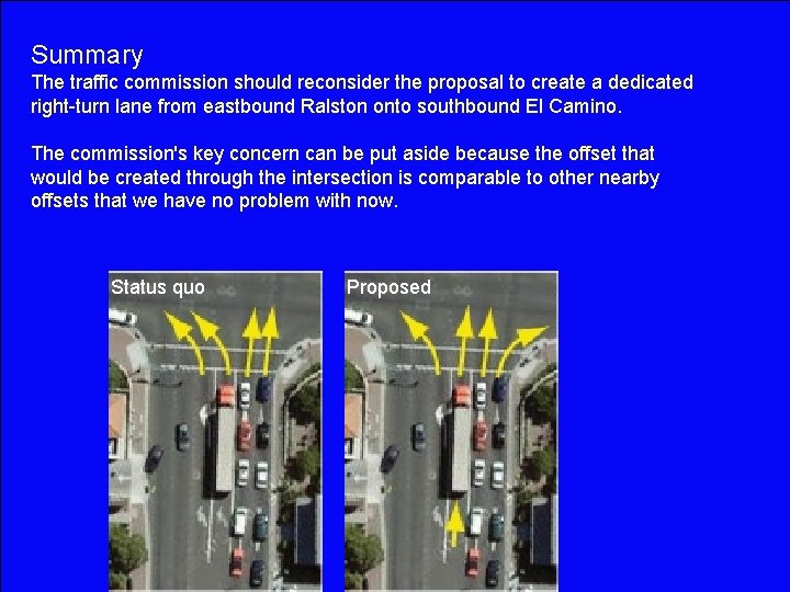 Summary The traffic commission should reconsider the proposal to create a dedicated right-turn lane