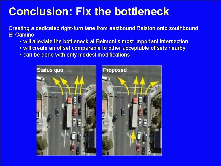 Conclusion: Fix the bottleneck Creating a dedicated right-turn lane from eastbound Ralston onto southbound
