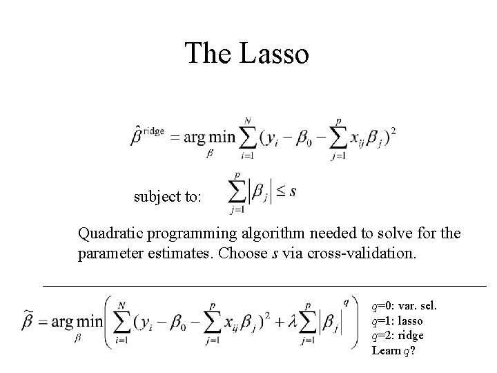 The Lasso subject to: Quadratic programming algorithm needed to solve for the parameter estimates. The Lasso subject to: Quadratic programming algorithm needed to solve for the parameter estimates.